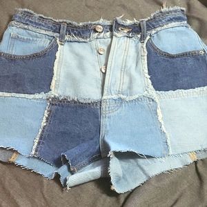 High Waist Denim Different Color Patch Shorts